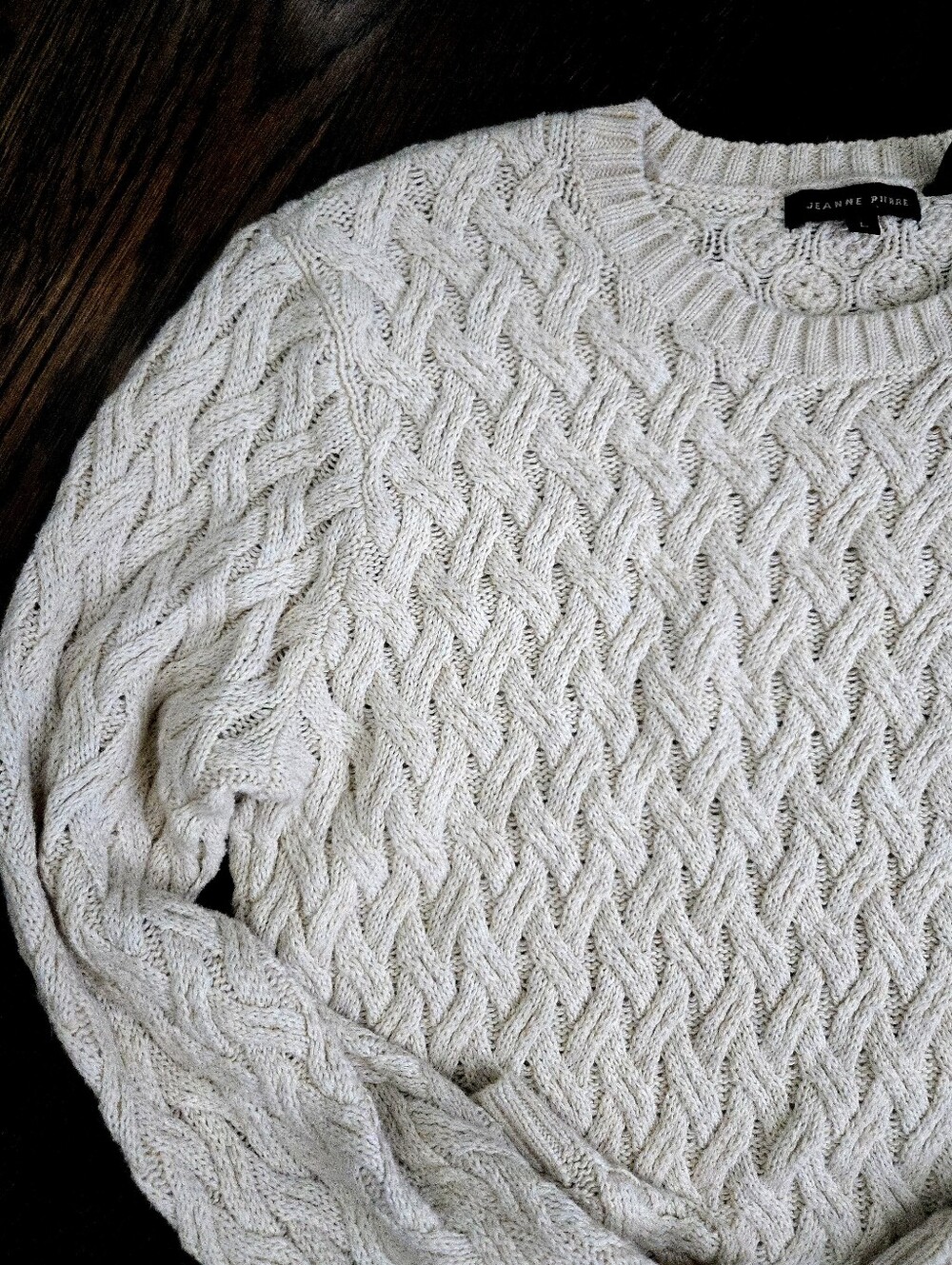 Neutral Cotton Cable Knit Basket Pattern Sweater Jeanne Pierre Size L